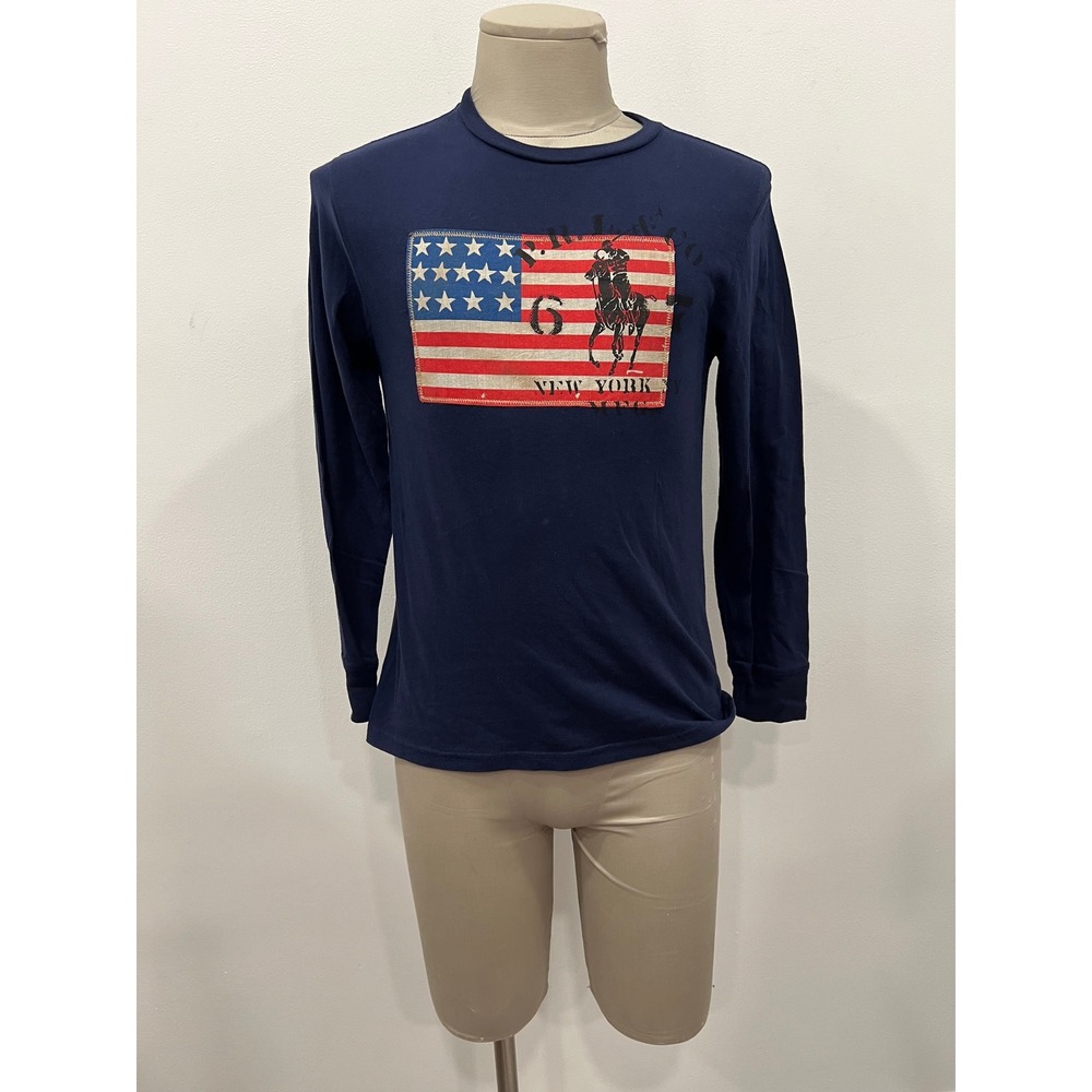 Polo Ralph Lauren T Shirt Long Sleeve Boys Navy USA Flag Big Pony SZ Large 14-16